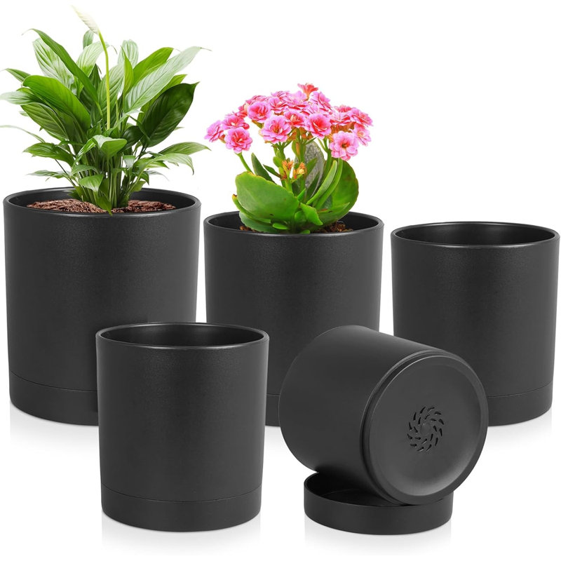 Paquet de 5 pots de plantes en plastique noirs 7 / 6,5 / 6/5/4 pouces