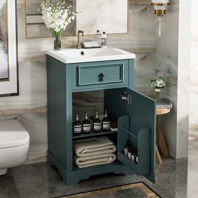 Meuble-lavabo de 20 pouces avec lavabo en céramique, porte à fermeture en douceur et organisateur de porte pour le rangement d'articles de petite taille: structure en bois massif, poignée en alliage d'aluminium