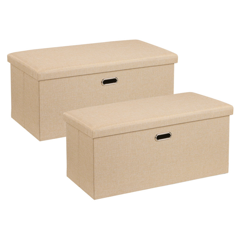 Set Of 2 Narrow Foldable Storage Ottomans, Linen Upholstered Storage Bench Footrest Stool, Collapsible Ottoman Box For Small Spaces, Bedroom, Living Room, Entryway