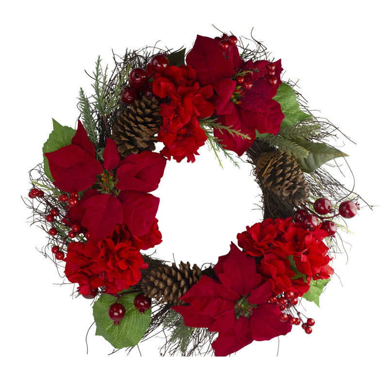 Couronne de Noël artificielle rouge à poinsettias et hortensias avec baies - 24 pouces