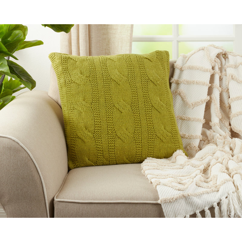 Aryaz Cable Knit Cotton Feather Throw Pillow, Grass
