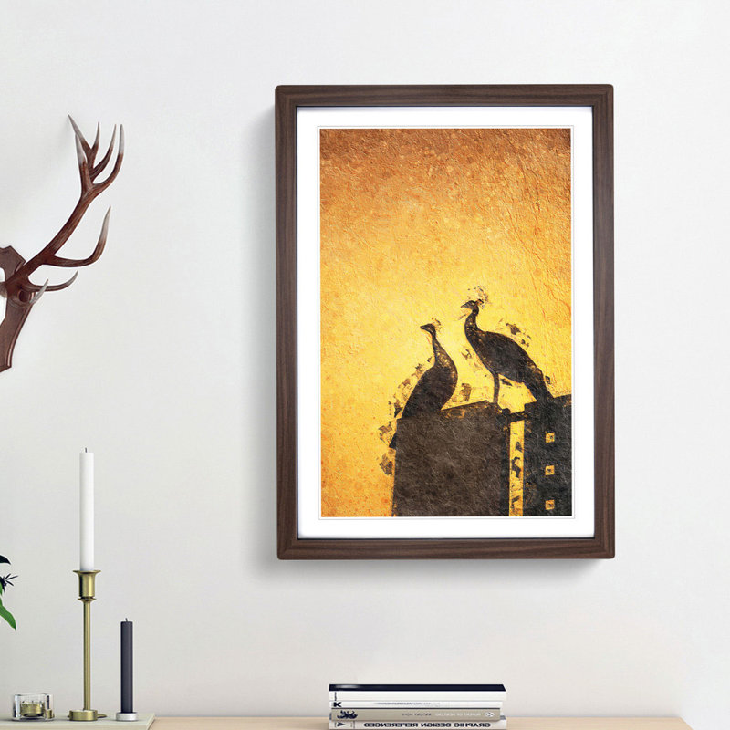 Silhouette of Two Peacocks in Abstract - Picture Frame Painting Print, Walnut Framed, 65cm H x 48cm W x 2cm D