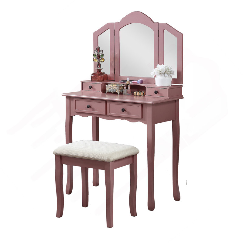 Ensemble coiffeuse et tabouret en bois Sanlo, Or rose