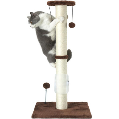 32" Tall Cat Scratching Post Sisal Rope Scratch Posts With Hanging Ball And Self-Massage Brush Vertical Scratcher For Indoor Cats And Kittens(Brown 32Inches)