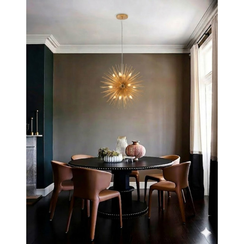 9-Light Brass Iron Chandelier With Aluminum Rods, 27.5" H x 27.5" W x 27.5" D