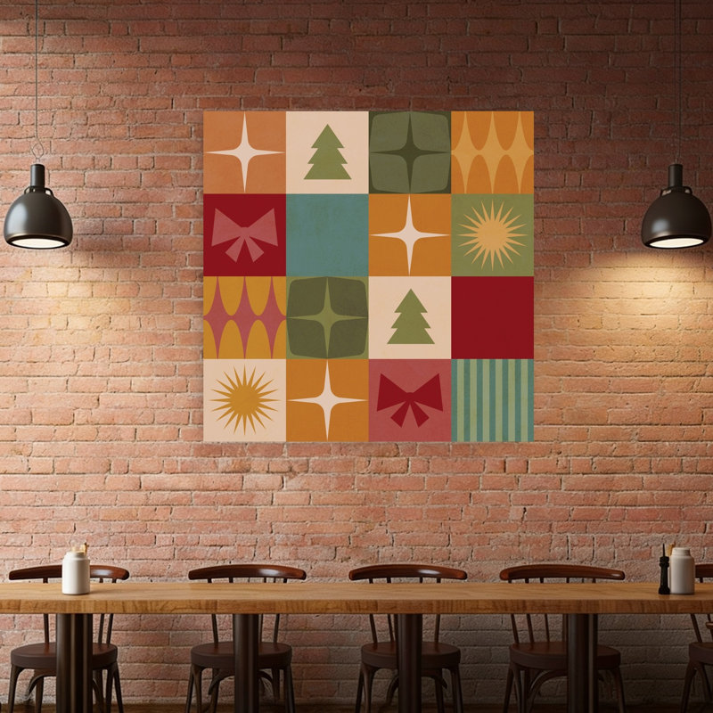 Impression d'art mural avec motif de Noël abstrait et coloré géométrique style années 50, sapin de Noël et paysage d'hiver