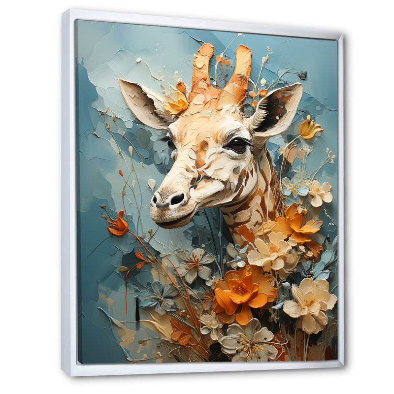 «Blue and beige Giraffe Portrait», art mural sur toile girafe, Cadre flottant blanc, H 20 po x l 12 po x P 1 po