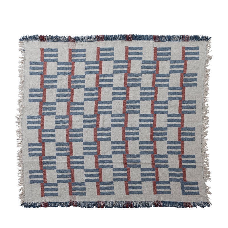 Woven Cotton Blend Jacquard Throw With Stripes/Block Pattern And Fringe