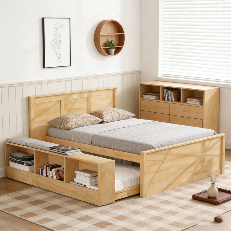 Lit plateforme en bois avec lit gigogne escamotable, armoire de rangement, Naturel, Lit double