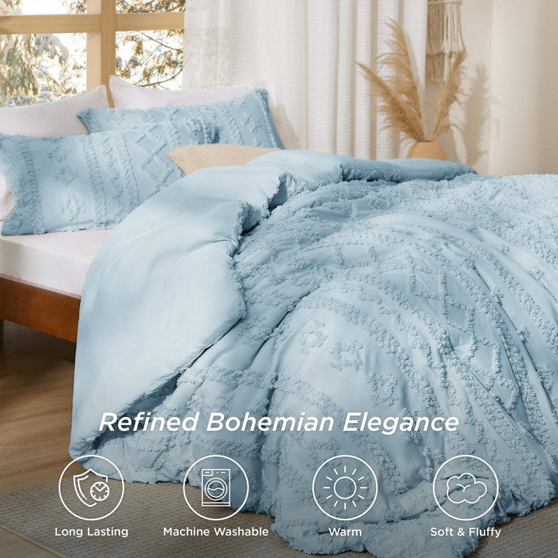 Bedsure Tufted Embroidery All-Season Microfiber Comforter Set, Queen Comforter + 2 Standard Shams, Blue