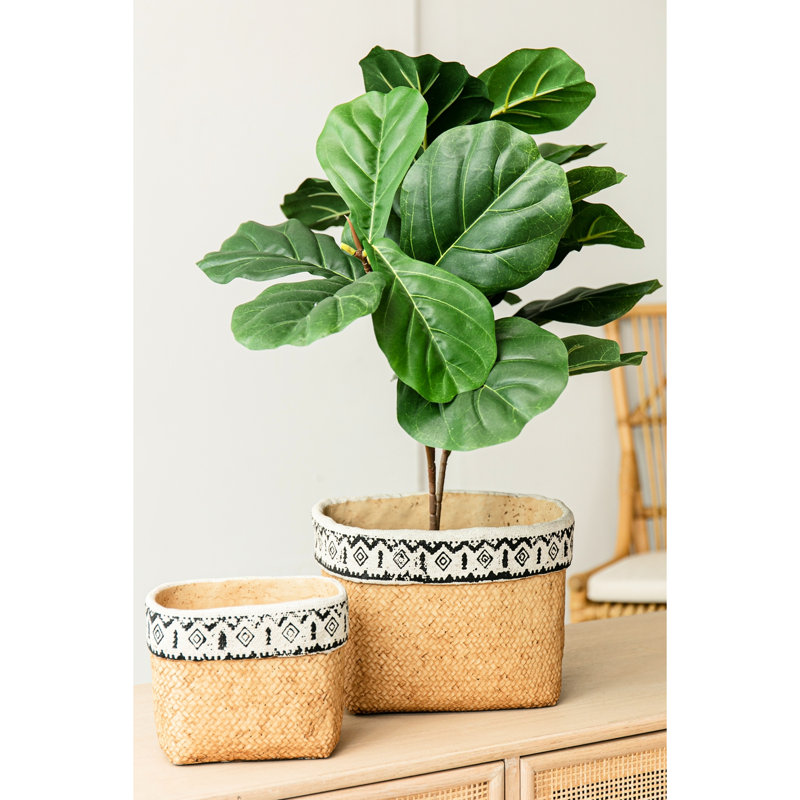 Geometric Trimmed Of 2 Rectangular Basket Planters Brown Multi Cement For Indoor Outdoor Use, L:10.4X8.7X7.9 S:7.3X5.5X5.9 Inches, 12.1 Lbs Decor,