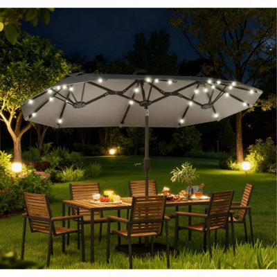 Parasol d'extérieur, parasol de terrasse double face, avec lumières solaires et base, parasol de table de salle à manger à bouton-poussoir inclinable