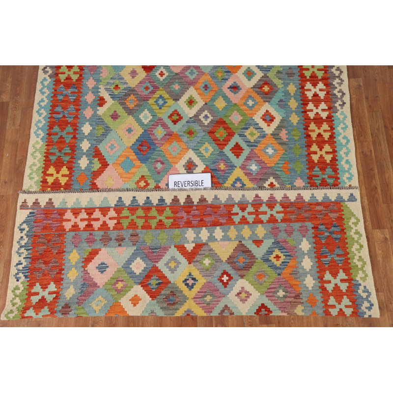 Tapis oriental multicolore en laine Kilim 7 x 9