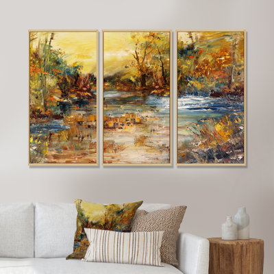 Rivière dans la forêt, peinture à l'huile, ensemble de 3 toiles encadrées