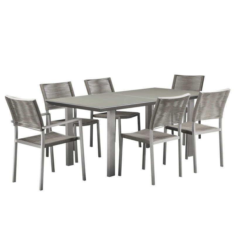 Pangea Home Bella 6-Person Aluminum Modern Outdoor Furniture with Quick-Dry Rope Chairs & Tempered Glass Tabletop in Grey