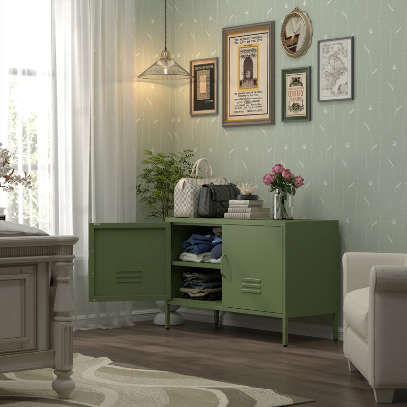Metal Storage Cabinet,Metal Cabinet With Doors And Adjustable Shelf,Tv Stand With Storage,Morden Tv Cabinet For Bedroom,Living Room,Avocado Green