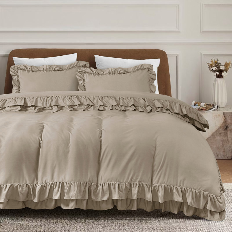 DUVET FRILL COVER SET Microfiber Solid Colour Duvet Cover with Pillowcases Included, Double Duvet Cover + 2 Pillowcases 