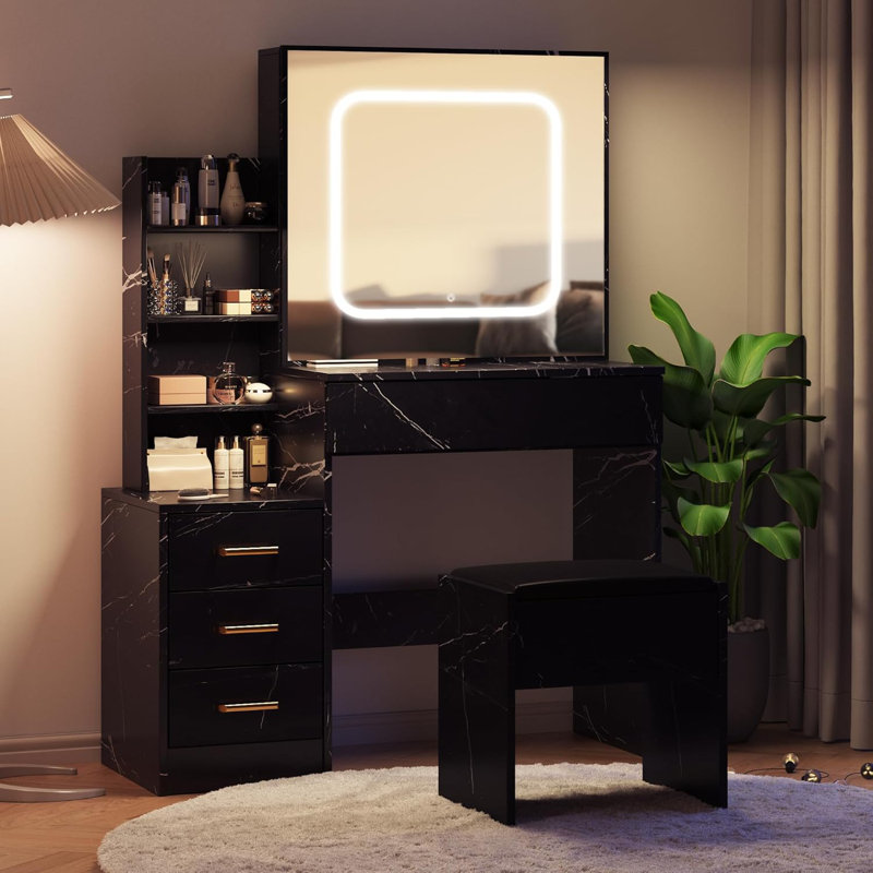 Bureau de coiffeuse avec miroir coulissant et lumières, ensemble de coiffeuse à maquillage avec 4 tiroirs, tabouret, prise de courant, tablettes ouvertes, 3 modes d'éclairage réglables en couleur, coiffeuse à maquillage pour la chambre à coucher
