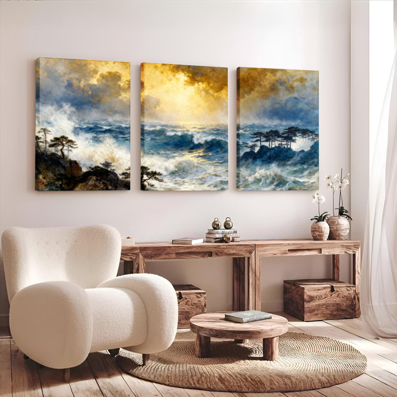 Tableau sur toile tendue représentant des vagues de l'océan et un coucher de soleil (lot de 3), H 36 po x l 72 po