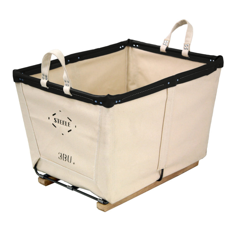 Canvas Carry Basket - 4 Bu, Natural Canvas with Black Leather Rim, Medium (17.5" H x 19" W x 25" D)