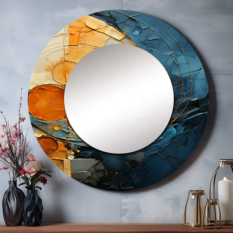 «Gold Teal Abstract Spirals I», miroir décoratif abstrait en spirale, 36 po x 36 po