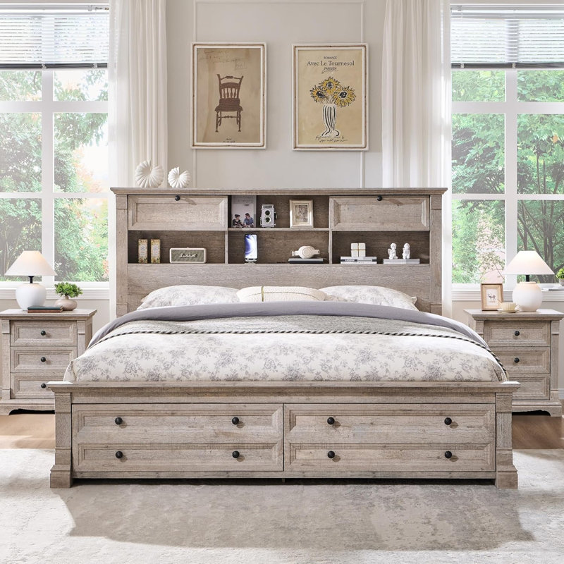Lit king-size de style ferme avec rangement, 2 tiroirs sous le lit, tête de lit avec 2 tiroirs de chevet et tablettes ouvertes, station de recharge incluse