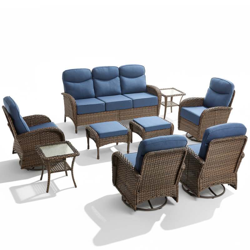 9 - Person Outdoor Wicker Furniture Conversation Patio Set With Plush 6" Cushions, All-Weather Comfort, Blue