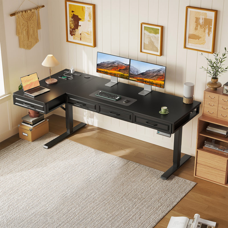 L-Shaped Standing Desk With Integrated Charging Station, Height Adjustable Desk With Four Wooden Drawers, Standing Desk With Memory Controller