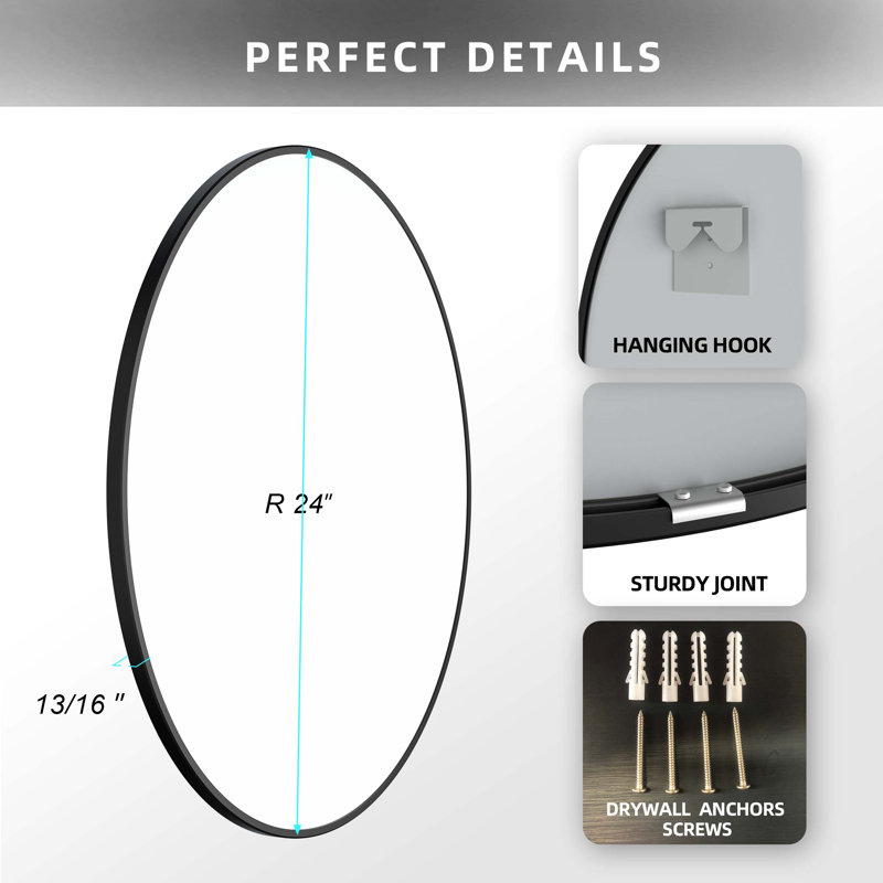 Frame Bathroom Mirror Wall Black Round Vanity Metal Mirror, 24" H x 24" W x 1.2" D