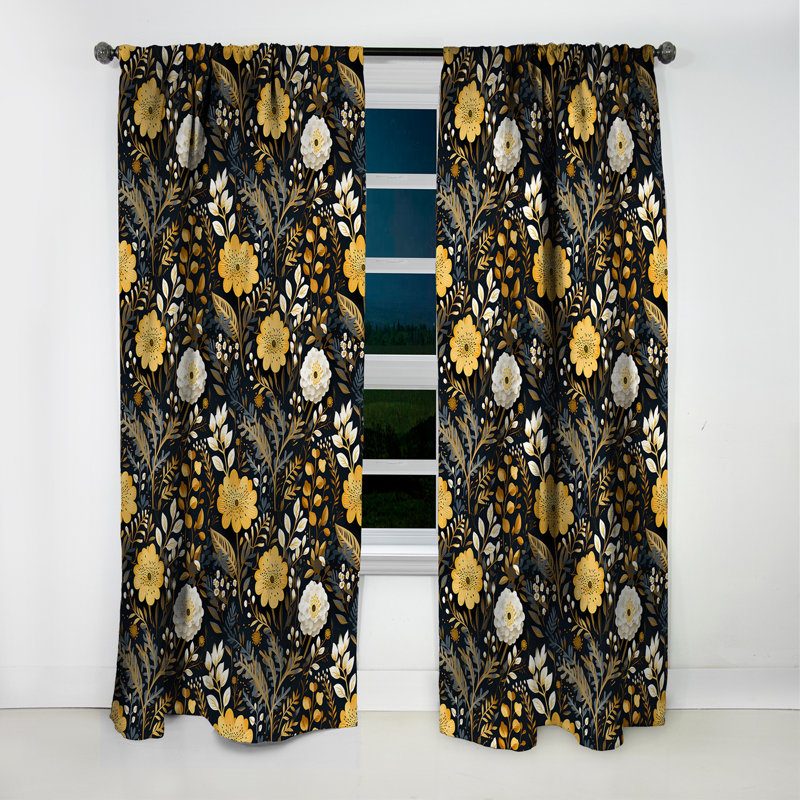 Noir et jaune Boho Botanical - rideau boho - rideau occultant abstrait - 1 panneaux, L 52 po x L 108 po
