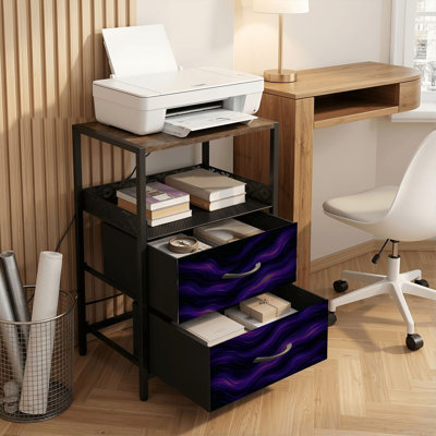 2 Drawers Nightstand with Charging Station, Bedroom Nightstand with USB Ports & Outlets Open Shelf Black, night stand with Blurry silk dark purple moody dye texture Wavy Print