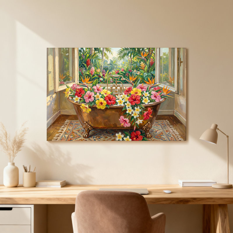 Scène de fenêtre florale avec baignoire et jardin, 20" H x 30" W, Cadre photo unique, Grain de bois clair