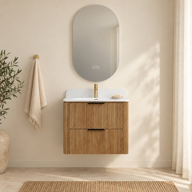 Ensemble de vanité suspendue noire de 61 cm (24 po) avec lavabo intégré et miroir de courtoisie à DEL de 61 x 66 cm (24 x 26 po).