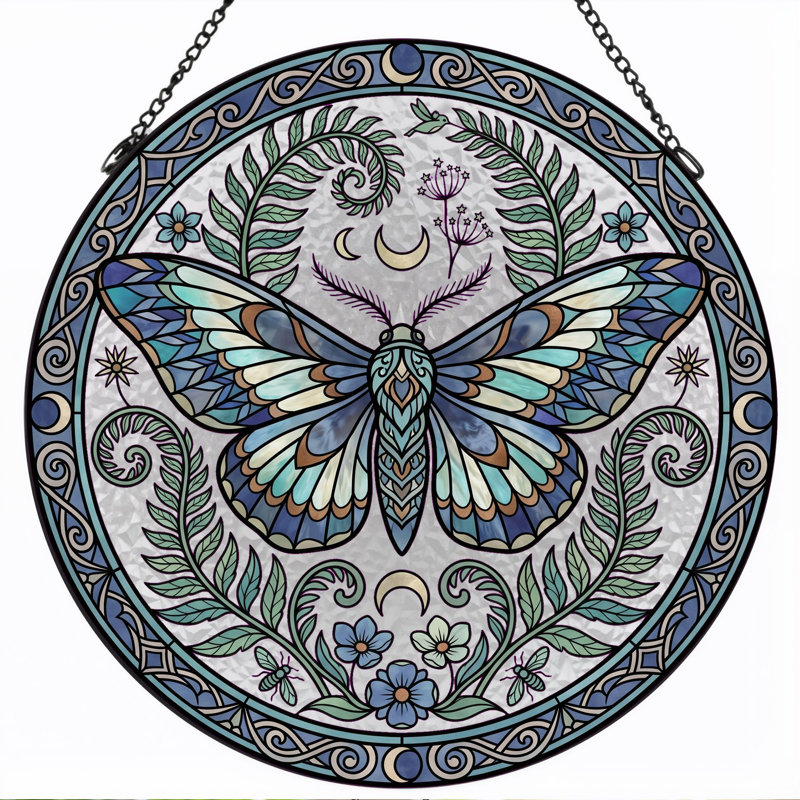 Panneau de vitrail papillon en verre teinté Mandala - H 7,8 po, H 7,8 po