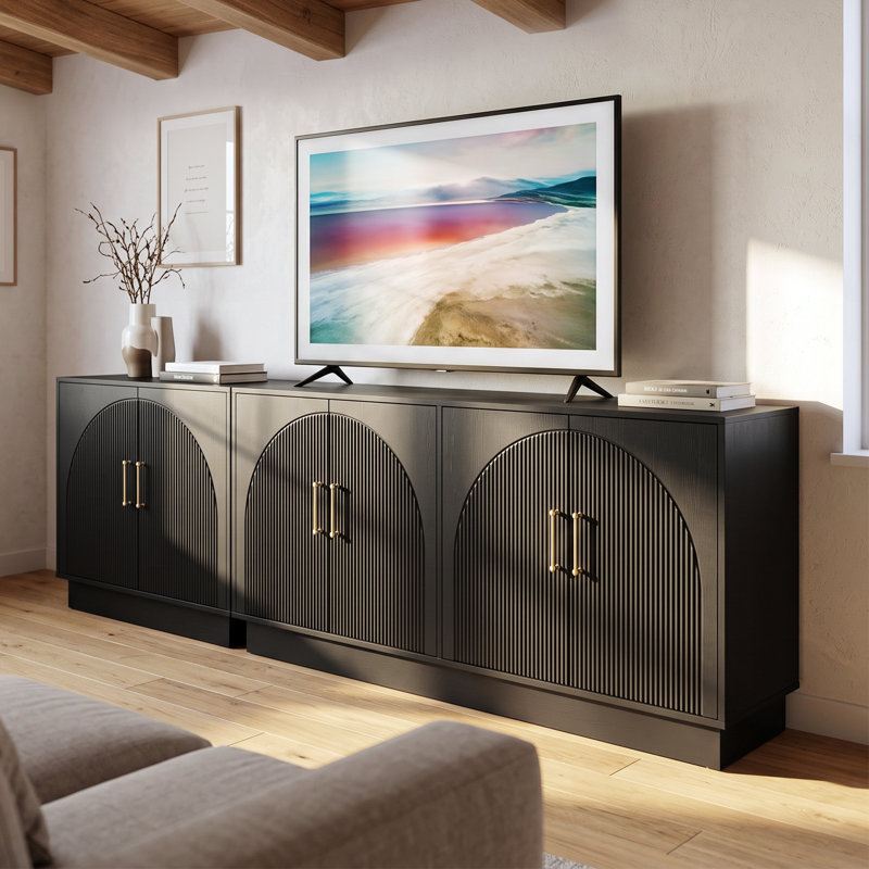 Ensemble de meuble télé et de buffet Mid-Century avec portes cannelées, Noir