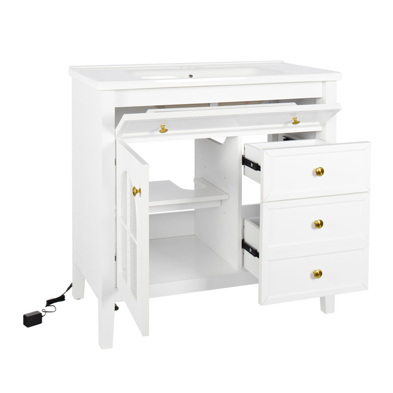 36" Bathroom Vanity With Ceramic Sink & Motion-Sensor Light, White