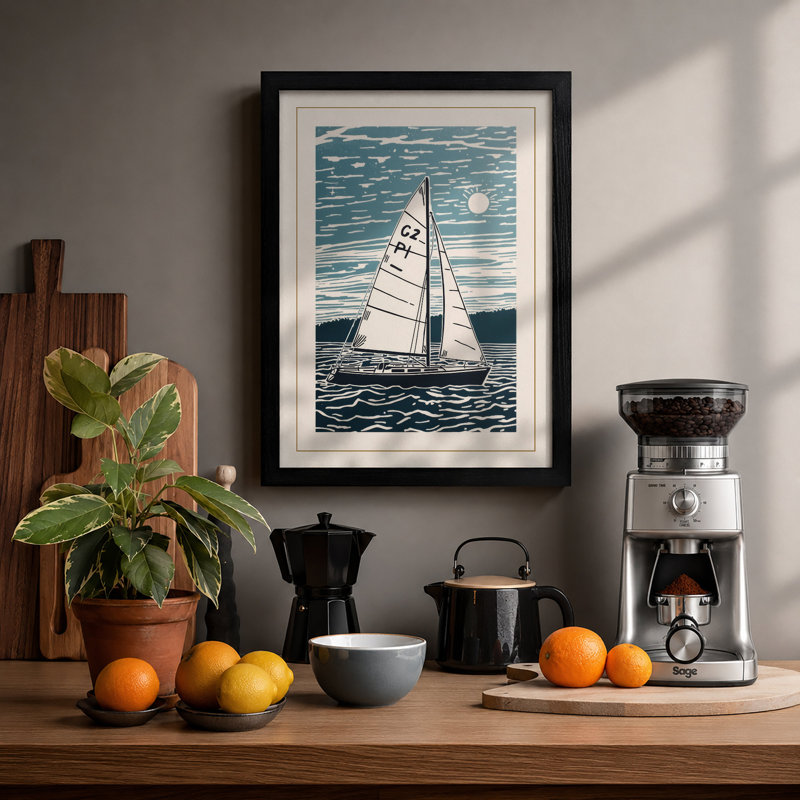 Sailboat on Choppy Waters Coastal - Framed Print, Black, A3 - 42.0 x 29.7 cm