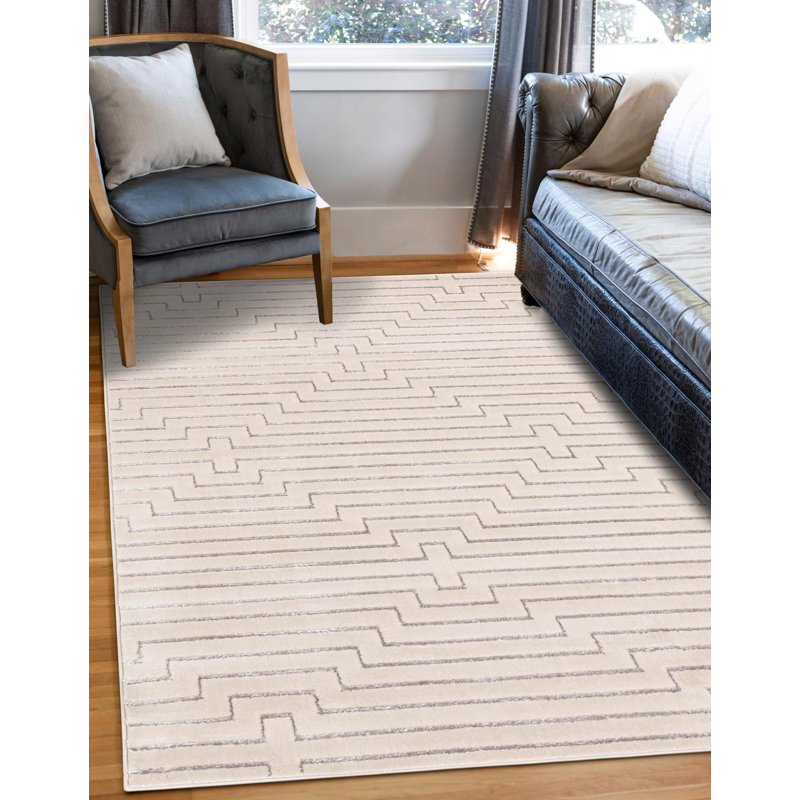 Tapis contemporain blanc et argenté Omotayo, Rectangle 2 pi x 3 pi 1 po