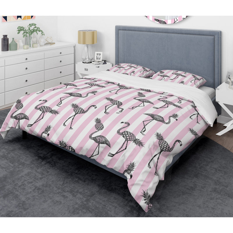 Ensemble de housse de couette mid-century flamant rose, Housse de couette très grand + 2 taies décoratives