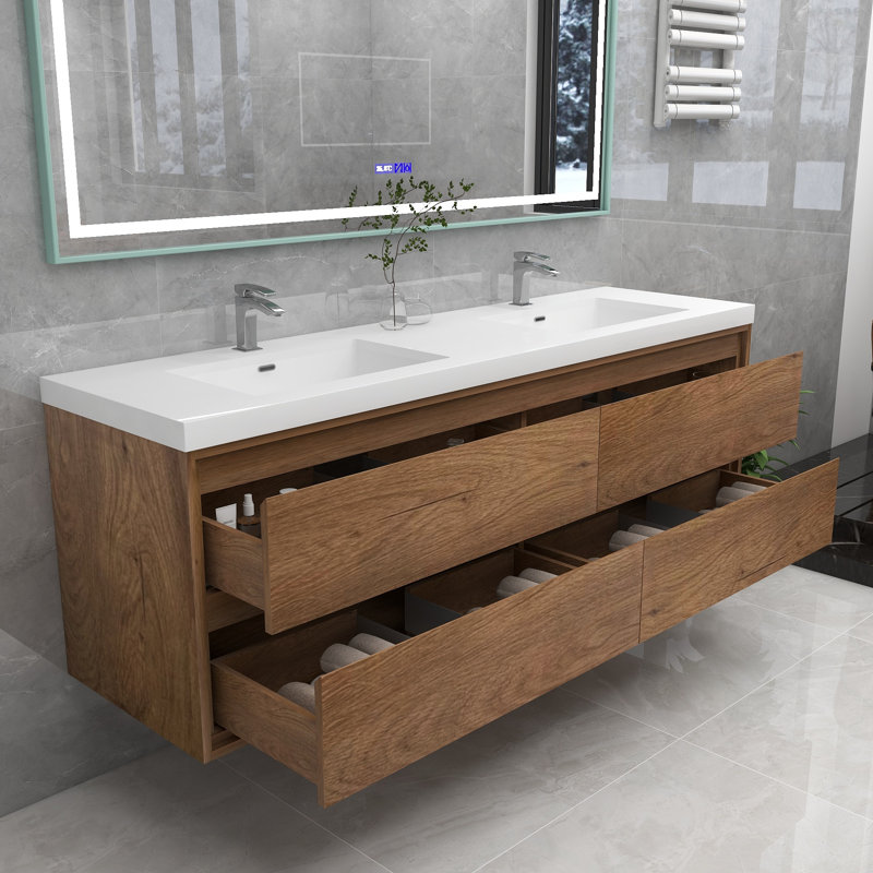 Azden 70.6" Wall-Mounted Double Bathroom Vanity Set, Teak Oak