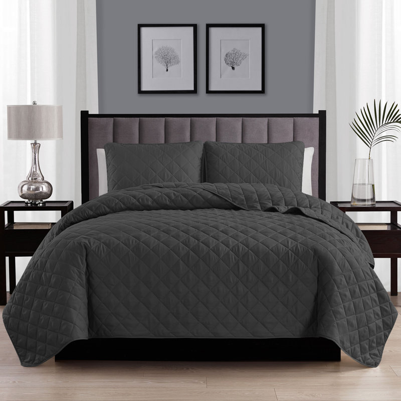 Wayfair Basics® Microfiber Reversible Diamond Quilt Set, King/Cal. King Quilt + 2 King Shams, Dark Gray
