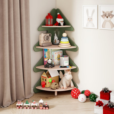 Tree Bookshelf for Kids, 4-Tier Montessori Corner Bookcase, Space-Saving Freestanding Storage Organizer for Books & Toys, Suitable for Kids Room, Play