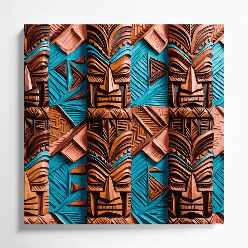 Art mural sur toile hawaïen à motifs géométriques tiki noir, H 16 po x l 16 po