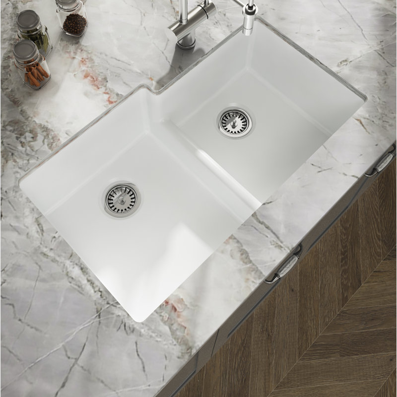 Yorkshire 33" L x 19.7" W Double Basin Undermount Kitchen Sink with Basket Strainer