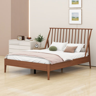 Wood Spindle Platform Bed With Tall Headboard, With Wooden Slats