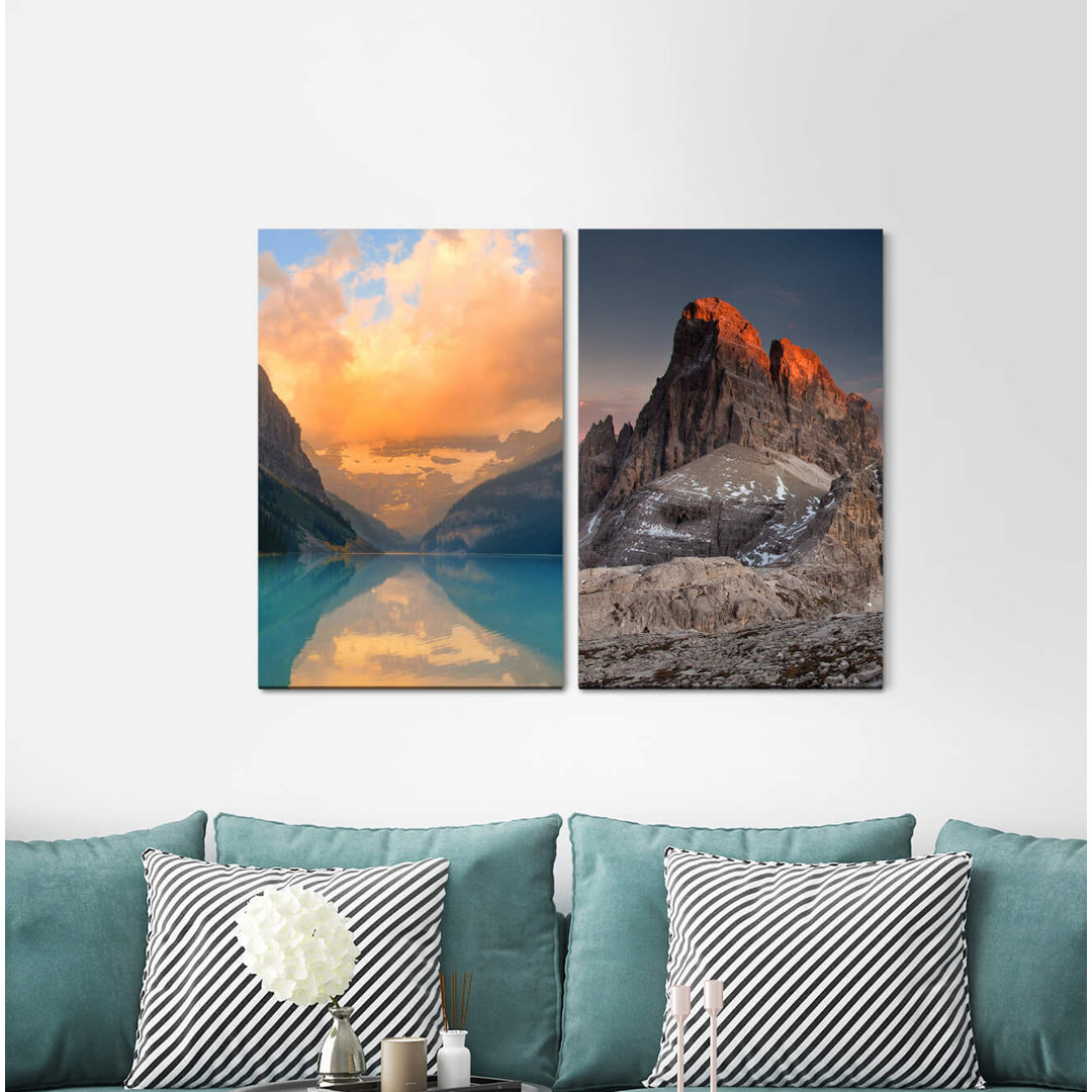 2-tlg. Leinwandbilder-Set - Fotografie „Dolomites Mountain Lake Picturesque Reflection Silence Calm Untouched”