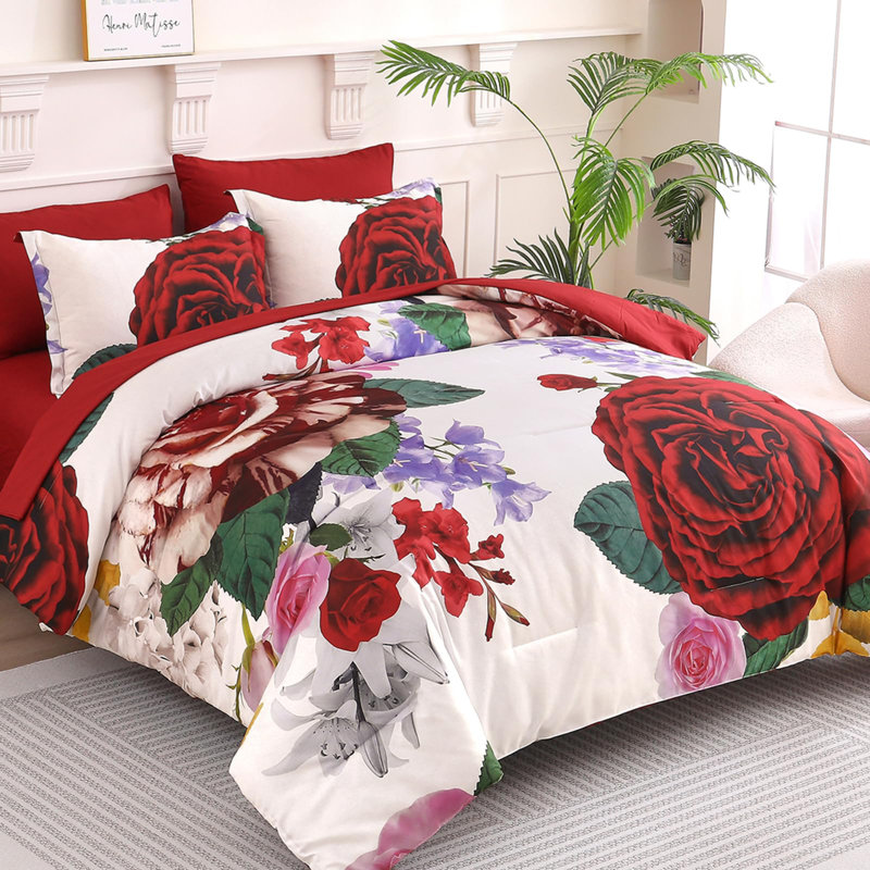 Ensemble d'édredon floral 7 pièces avec draps et taies d'oreiller, Grand édredon et 6 pièces supplémentaires, Rouge