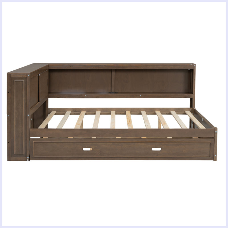 Lit de jour en bois pleine grandeur avec tablettes de rangement, USB, DEL et lit gigogne, Bois antique