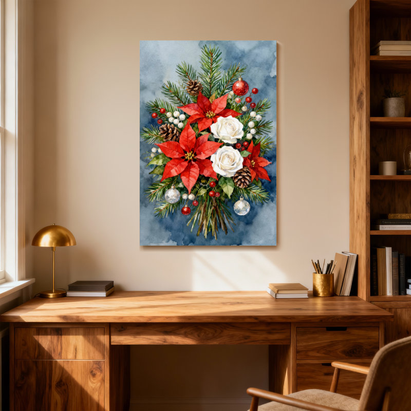 Arrangement floral de Noël avec poinsettias et pommes de pin