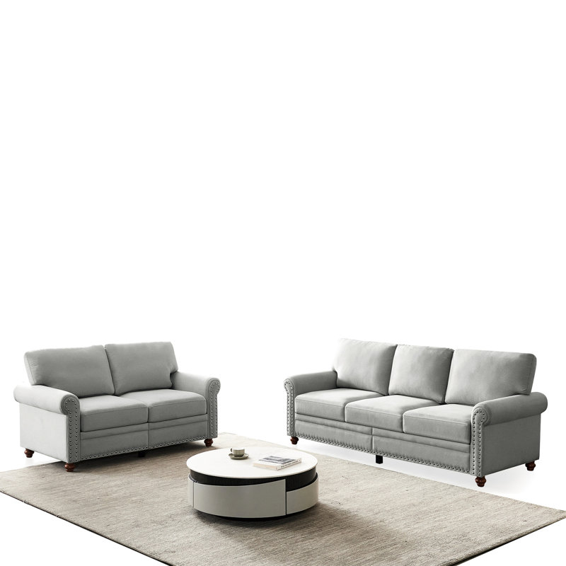 Canapé modulaire 2 + 3 en lin gris avec rangement et structure en métal